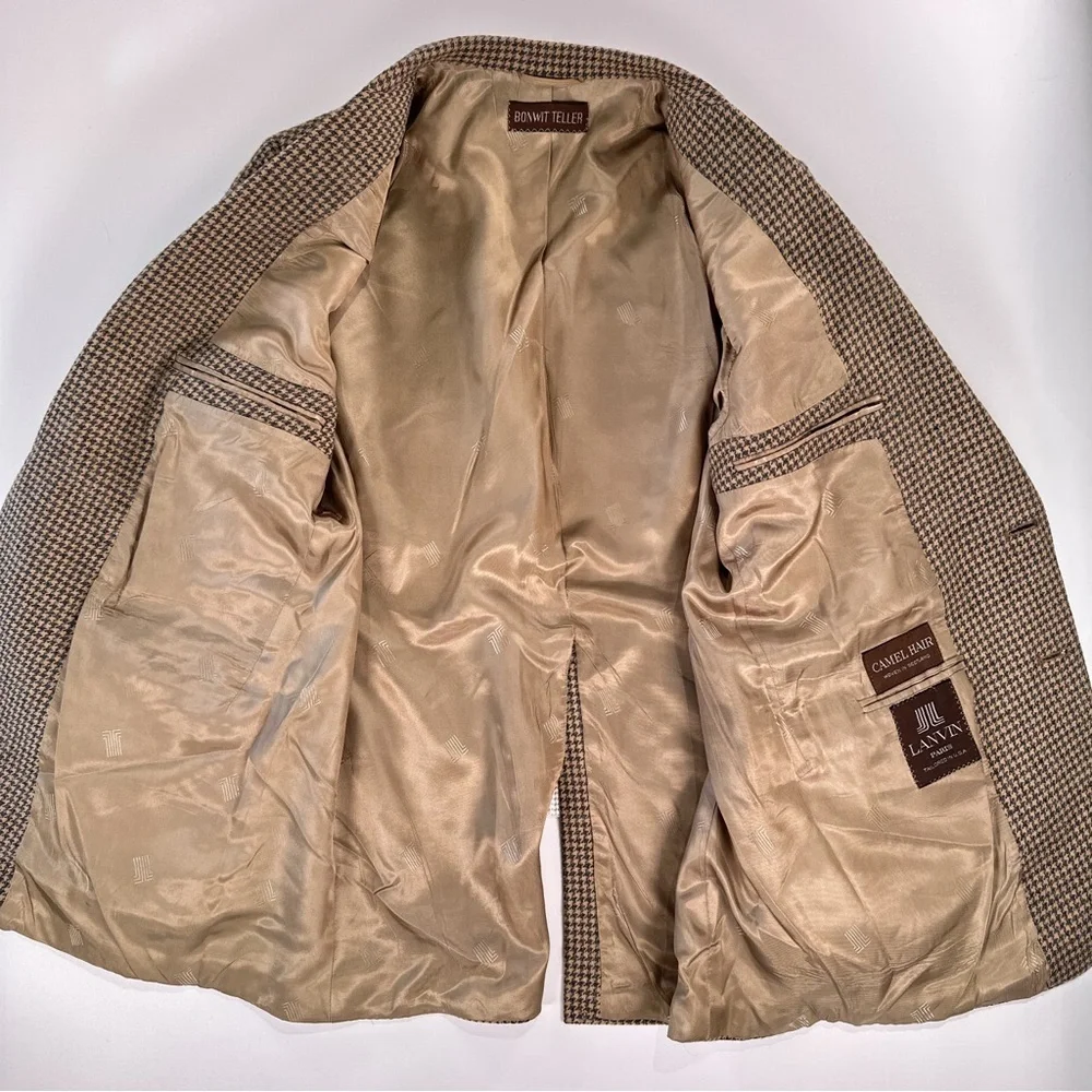 Lanvin Vintage Sport Coat Bonwit Teller Camel Hair Houndstooth Tan 40R